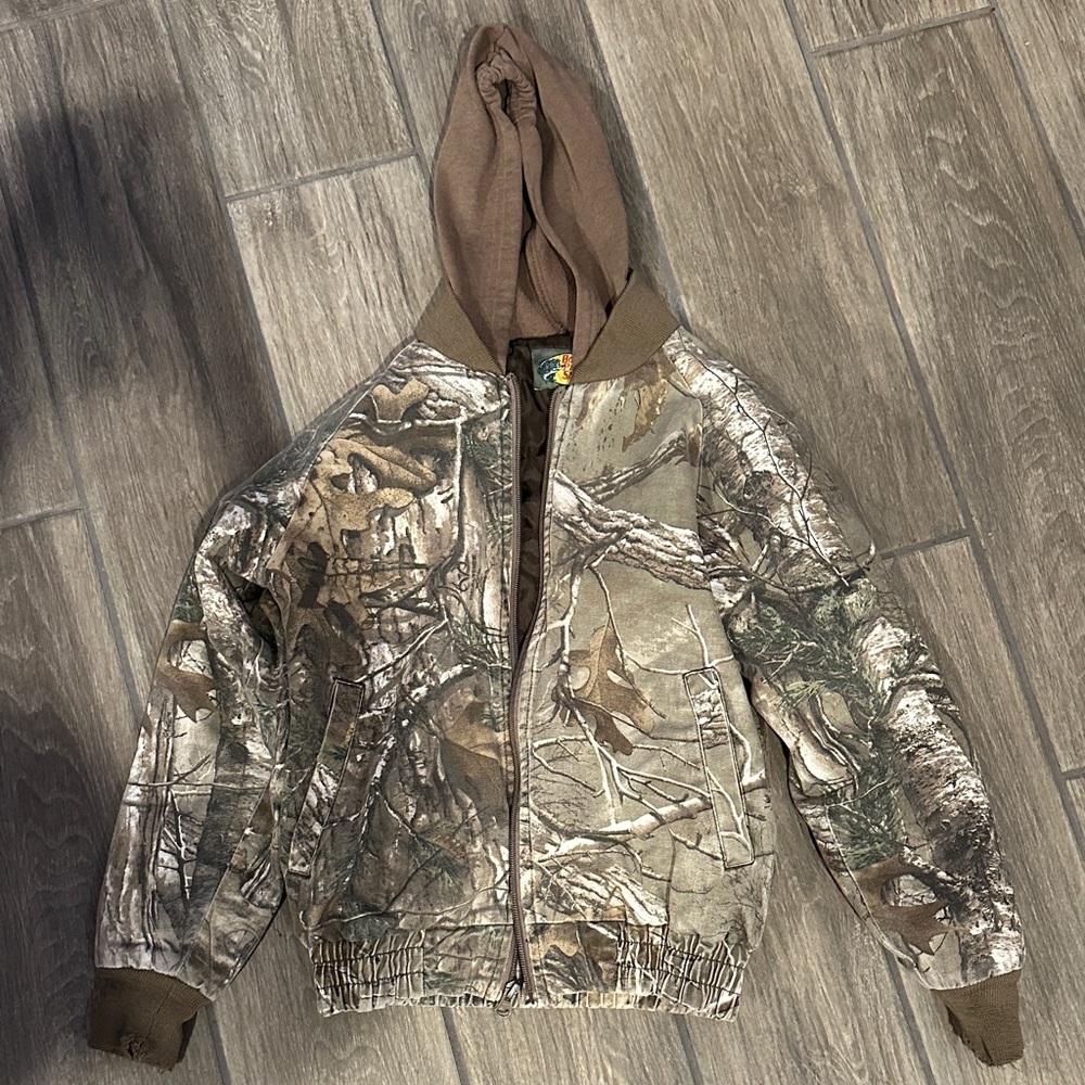 Bass Pro Shops Olive Green camo Jacket with hood. Size 10/12